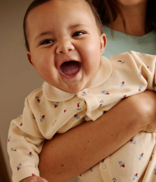 Babies' floral print cotton playsuit with a collar Ecru/multicolor