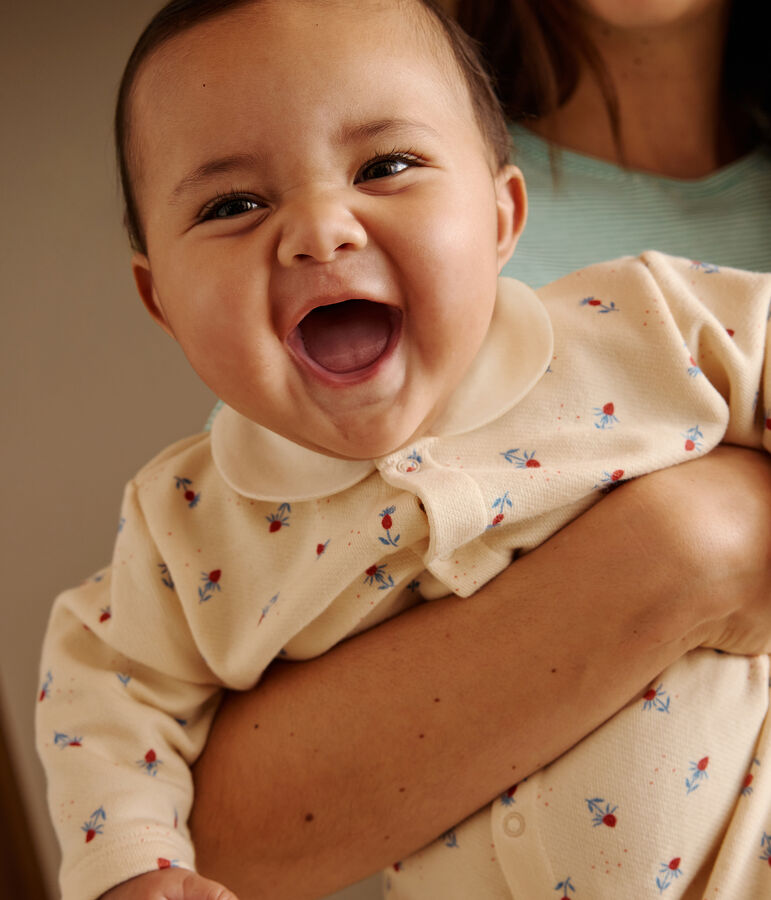 Babies' floral print cotton playsuit with a collar Ecru/multicolor