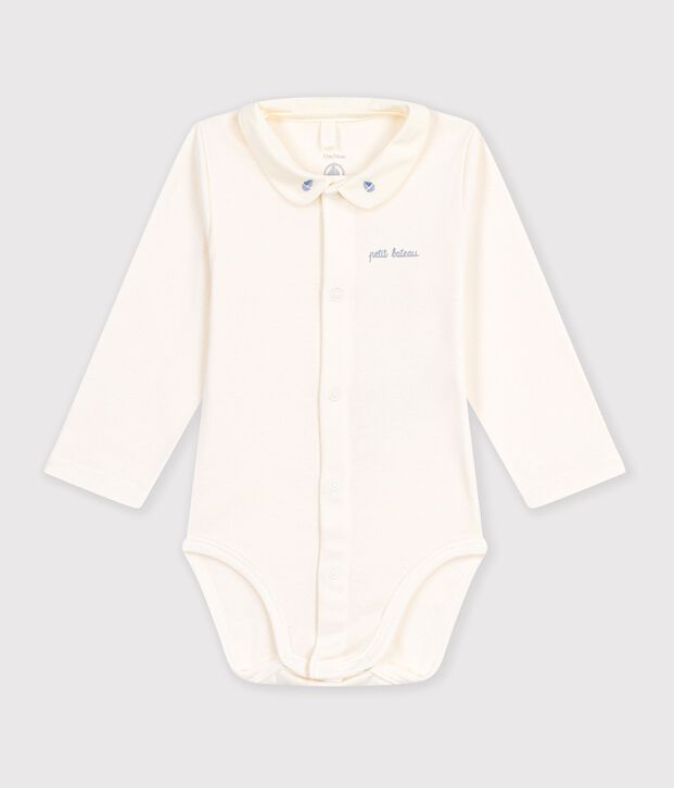 Babies' long-sleeved plain cotton body with an embroidered collar blue/blue