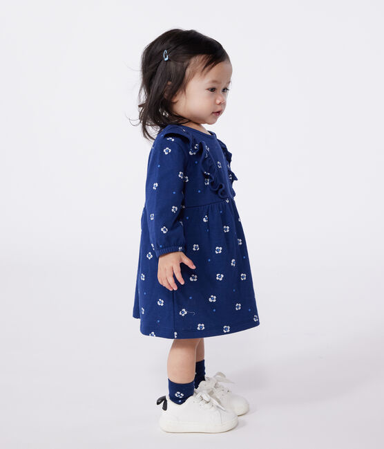 Babies' long sleeved floral print cotton dress MEDIEVAL blue/MULTICO white