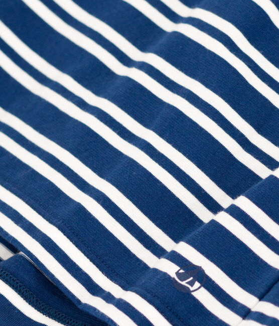 Girls' Stripy Short-Sleeved Cotton Dress MEDIEVAL blue/MARSHMALLOW white