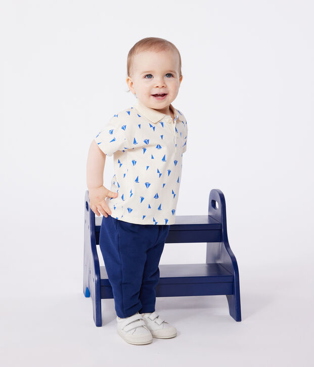 Babies' short-sleeved cotton polo shirt printed with little boats Ecru/blue