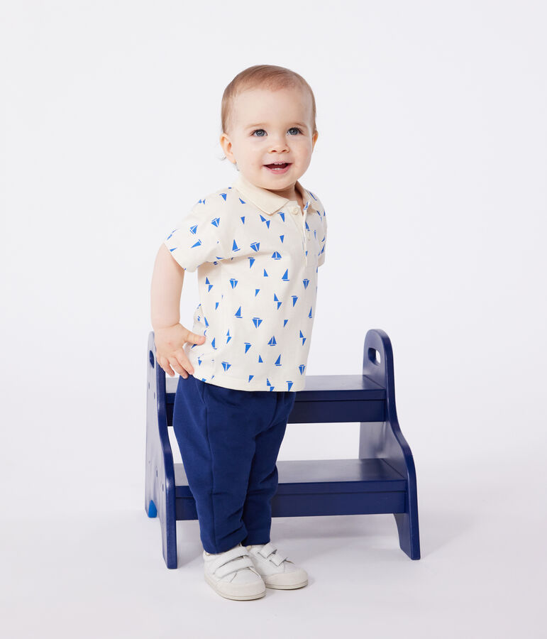 Babies' short-sleeved cotton polo shirt printed with little boats AVALANCHE blue/PERSE white