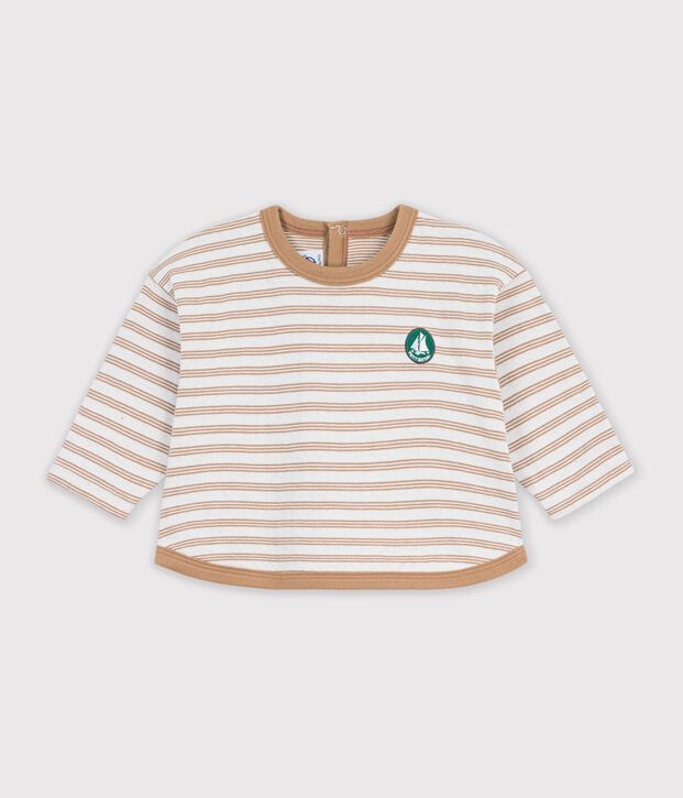 Babies' long-sleeved stripy cotton T-shirt. beige/ecru