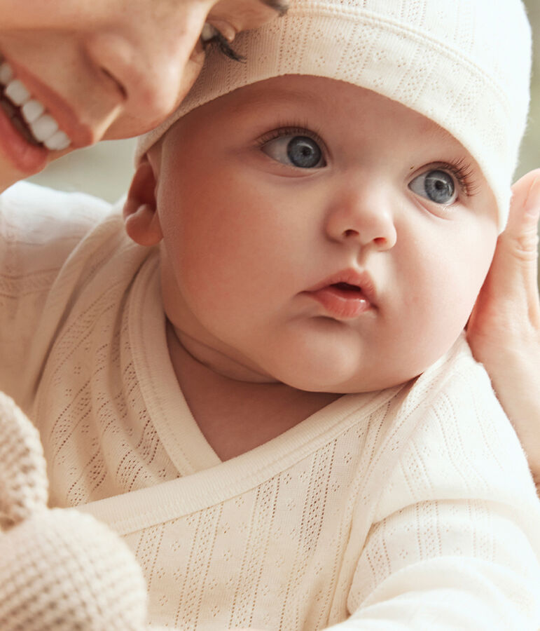 Babies' long 3-piece openwork cotton outfit and hat Ecru