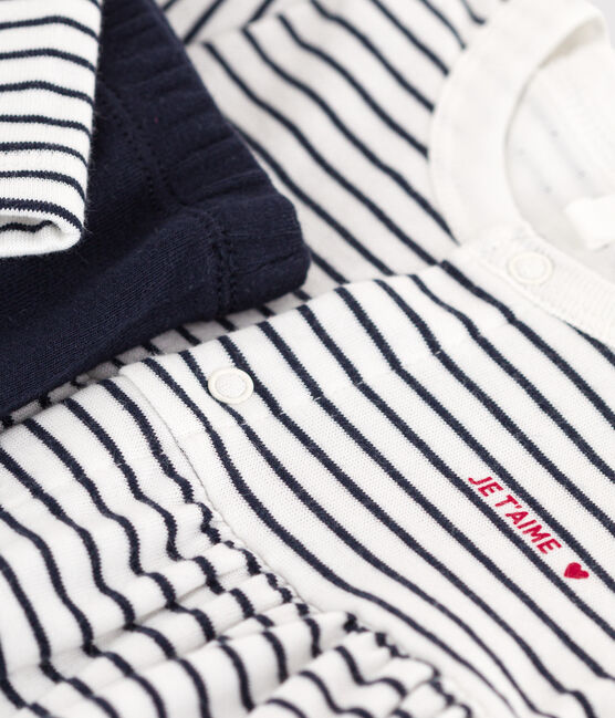 Babies' Cotton Breton Dress with Leggings MARSHMALLOW white/SMOKING blue
