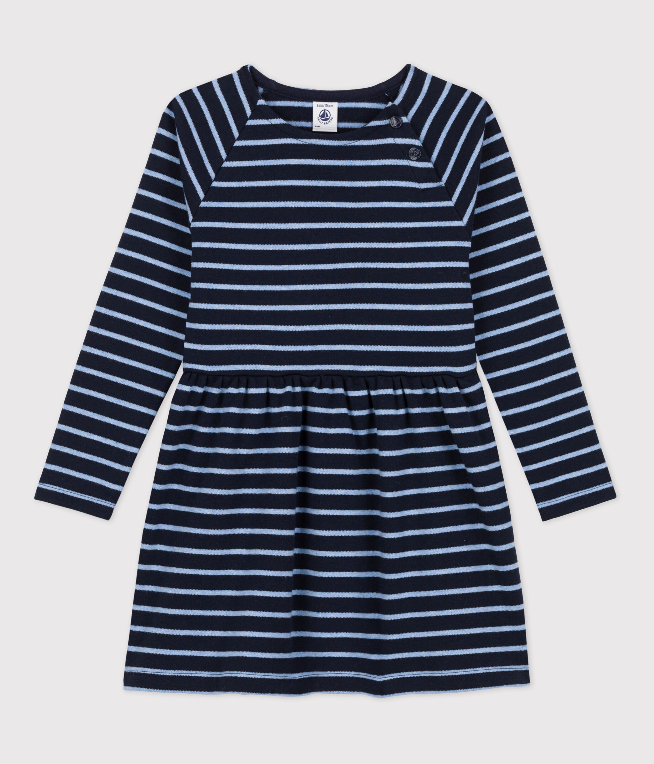 Girls' Long-Sleeved Warm Stripy Cotton Dress SMOKING/SKY CHINE
