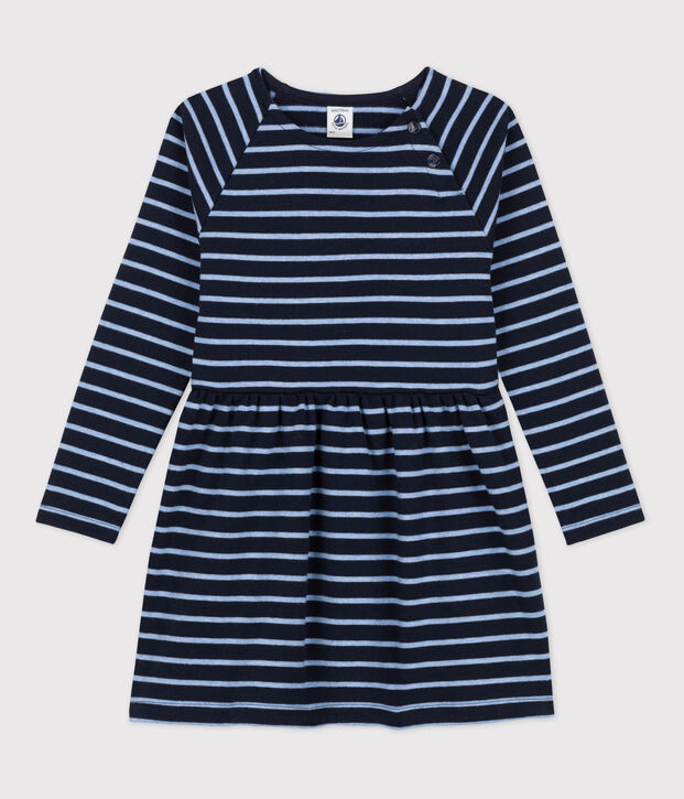 Girls' Long-Sleeved Warm Stripy Cotton Dress blue/blue