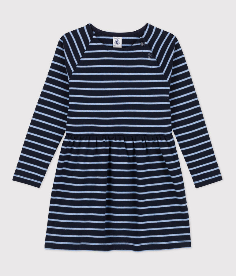 Girls' Long-Sleeved Warm Stripy Cotton Dress blue/blue