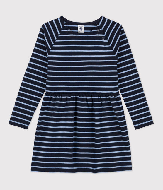 Girls' Long-Sleeved Warm Stripy Cotton Dress SMOKING/SKY CHINE