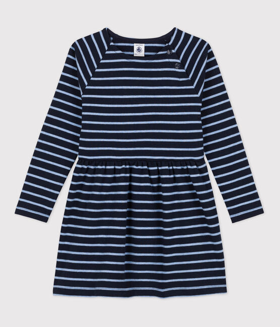 Girls' Long-Sleeved Warm Stripy Cotton Dress SMOKING blue/SKY CHINE