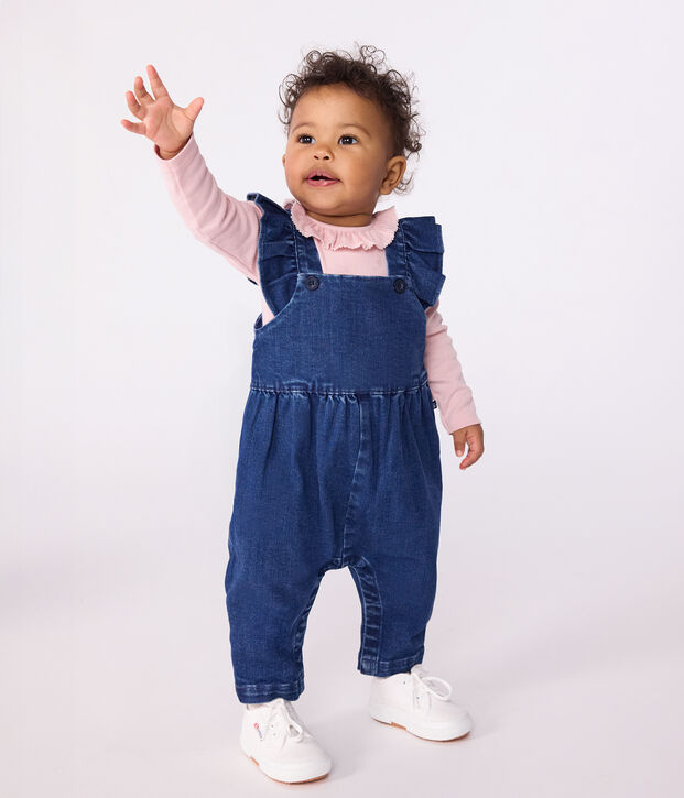 Babies' dungarees with ruffles and long legs, made in denim with elastane blue