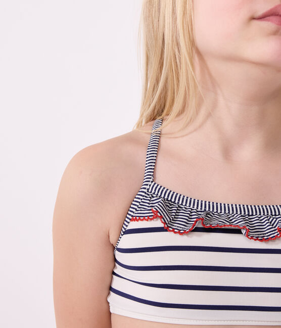 Children's two-piece stripy swimsuit MARSHMALLOW white/MEDIEVAL blue