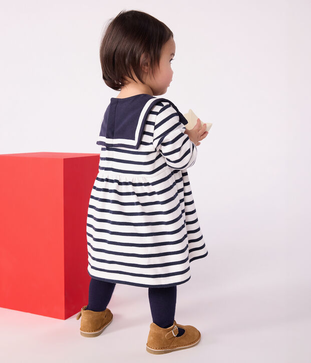 Babies' Breton stripe dress in thick cotton with long sleeves white/blue