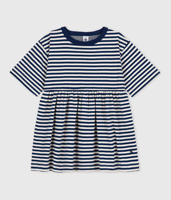 Girls' Stripy Tube Knit Dress with 3/4-Length Sleeves MEDIEVAL blue/MONTELIMAR