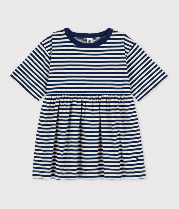 Girls' Stripy Tube Knit Dress with 3/4-Length Sleeves blue/beige