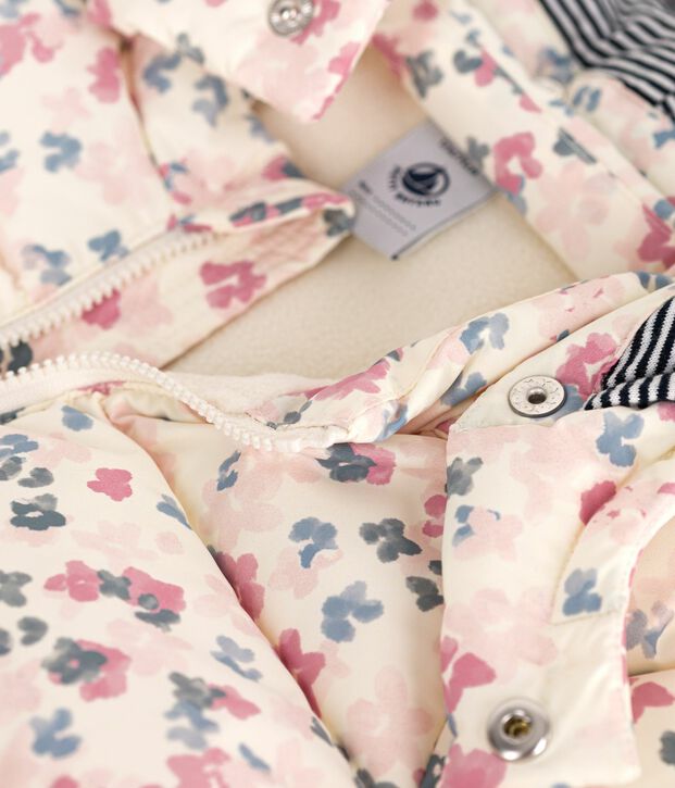 Baby down jacket with floral print and removable hood Ecru/multicolor