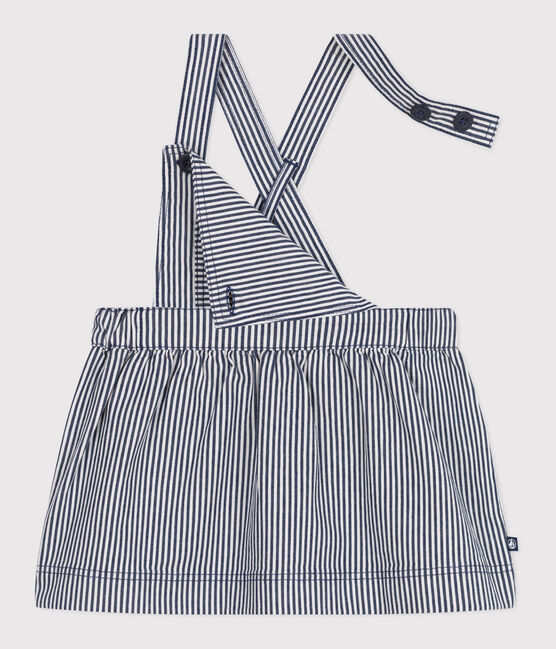 Babies' stripy cotton pinafore dress MEDIEVAL blue/MARSHMALLOW white