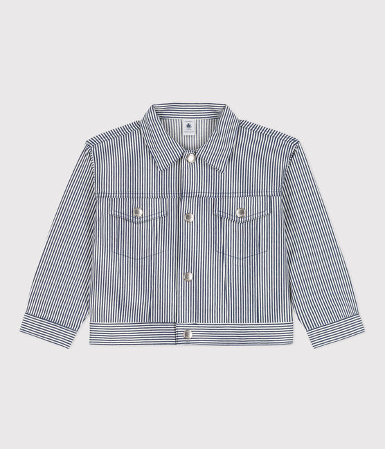 Girls' Stripy Cotton Jacket MEDIEVAL blue/MARSHMALLOW white