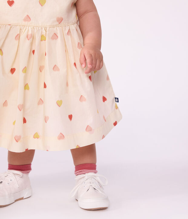 Babies' short-sleeved cotton dress printed with hearts. Ecru/multicolor