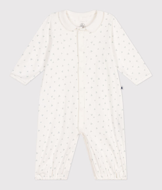 Babies' cotton one-piece/sleep sack with a collar with little hearts MARSHMALLOW white/MULTICO white