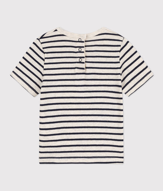 Babies' Stripy Cotton Short-Sleeved T-Shirt MONTELIMAR beige/SMOKING blue
