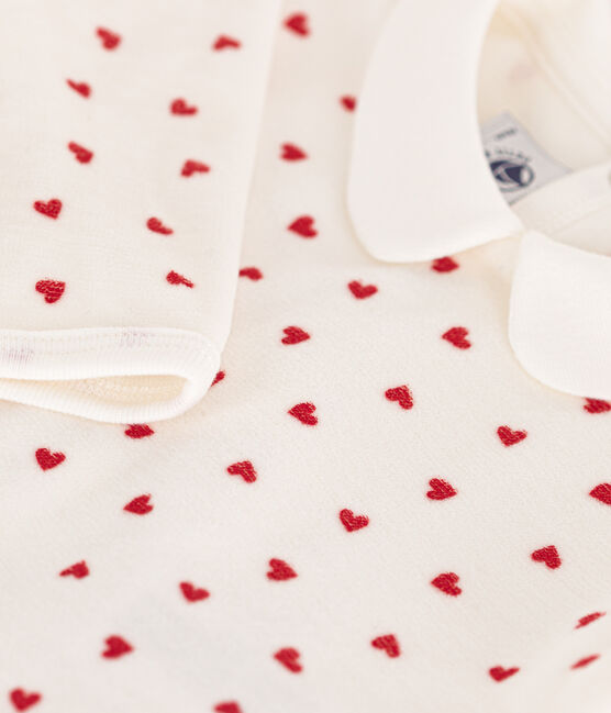Babies' Heart Patterned Velour Pyjamas MARSHMALLOW white/TERKUIT red