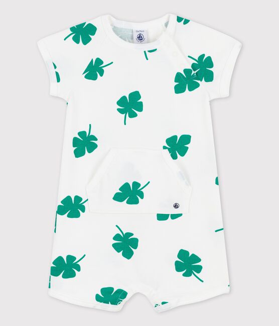 Babies' Fleece Plant Print Short Playsuit MARSHMALLOW white/GAZON green