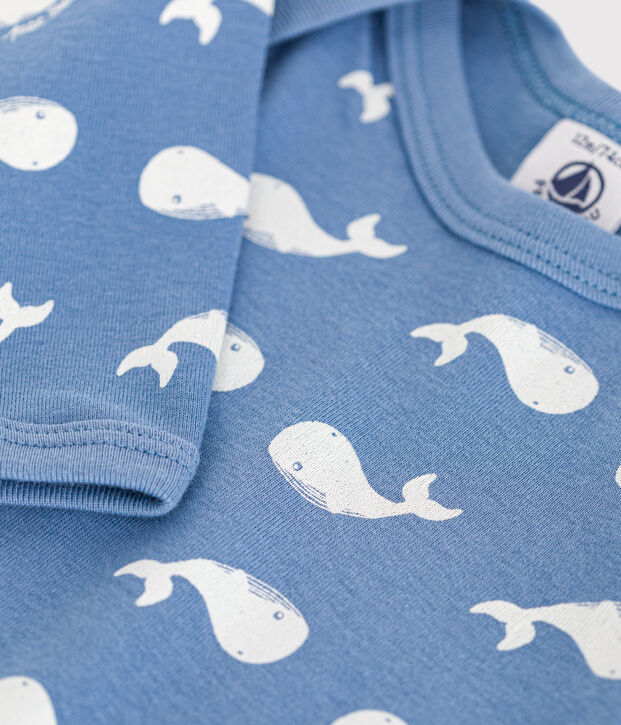 Babies' long-sleeved cotton body blue/white