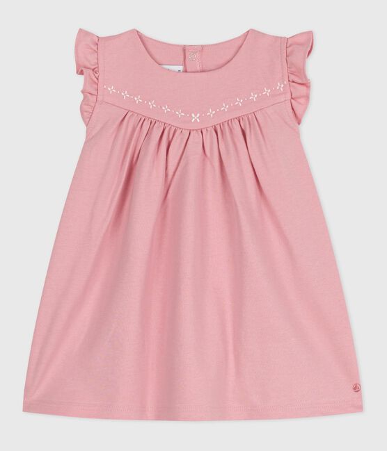 Babies' sleeveless plain cotton dress with embroidered details on the collar CHARME pink