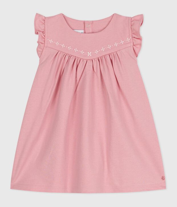 Babies' sleeveless plain cotton dress with embroidered details on the collar pink