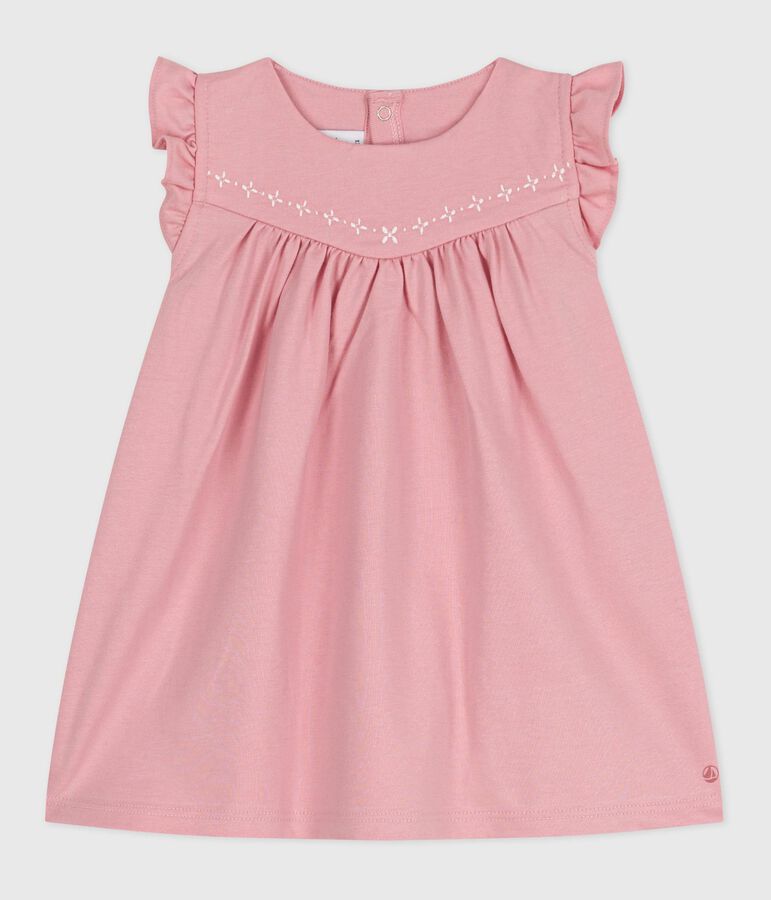 Babies' sleeveless plain cotton dress with embroidered details on the collar pink