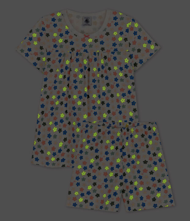 Girls' Glow-In-The-Dark Floral Short Cotton Pyjamas white/multicolor