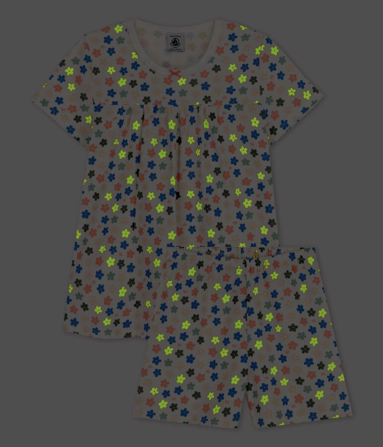 Girls' Glow-In-The-Dark Floral Short Cotton Pyjamas MARSHMALLOW white/MULTICO white