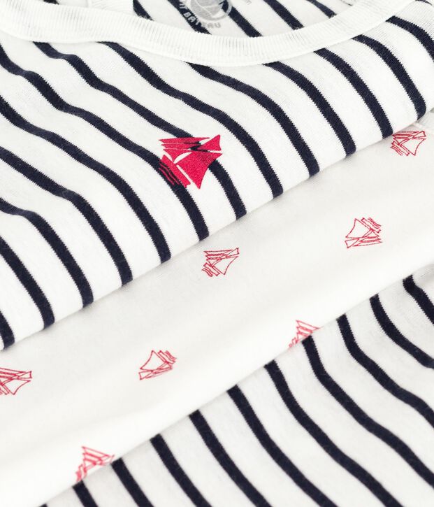 Babies' 3-piece set with a Breton top and a body printed with boats white/blue