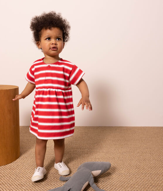 Babies' Striped Short-Sleeved Thick Jersey Dress PEPS red/MARSHMALLOW white