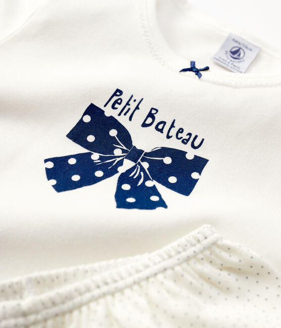 Girls' Spotted Organic Cotton Pyjamas MARSHMALLOW white/MEDIEVAL blue
