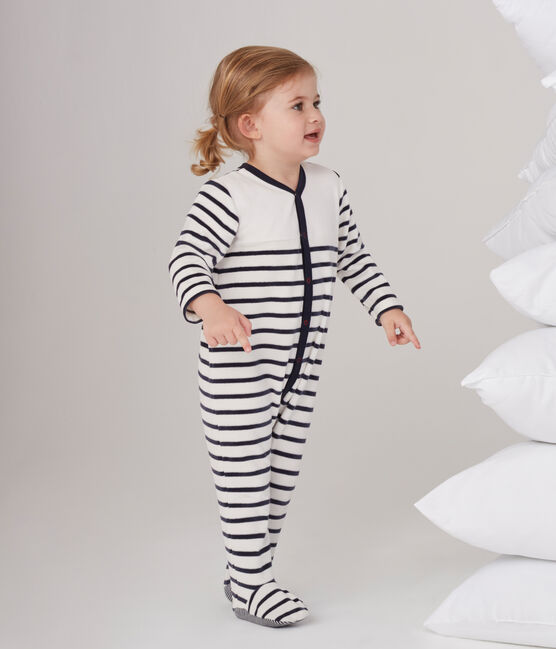 Babies' Unisex Velour Sleepsuit MARSHMALLOW white/SMOKING blue