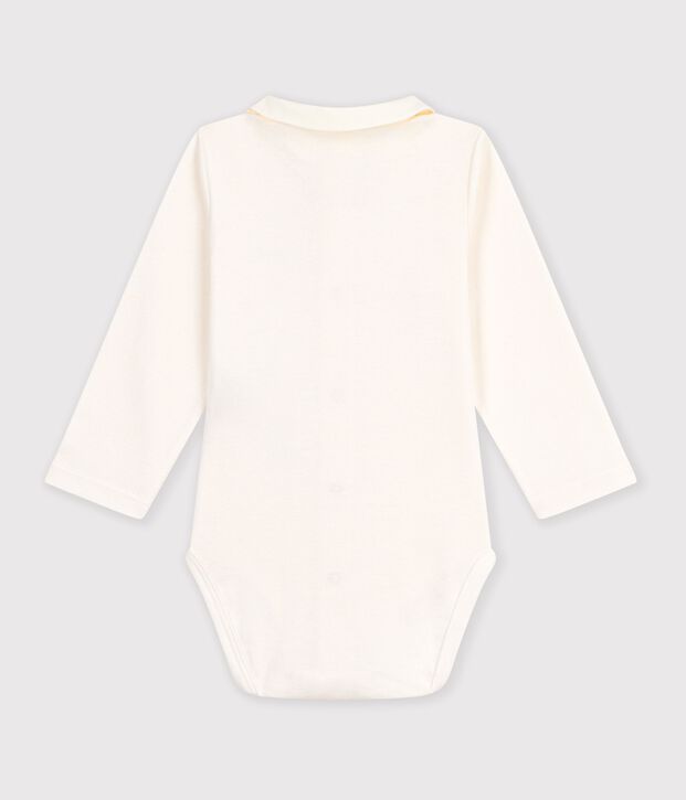 Babies' long-sleeved plain cotton body with an embroidered collar blue/blue