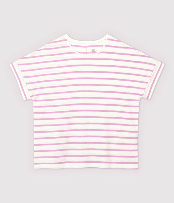 Women's Stripy Linen and Cotton Blend T-Shirt MARSHMALLOW white/BOHEME pink