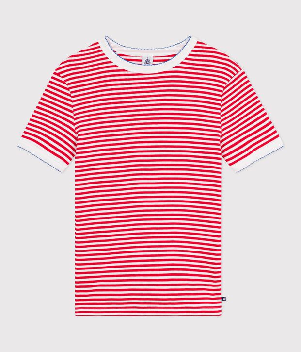 Women's short-sleeved stripy cotton T-shirt red/white