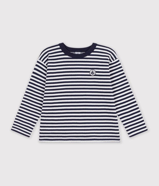 Children's long-sleeved stripy T-shirt blue/white/blue