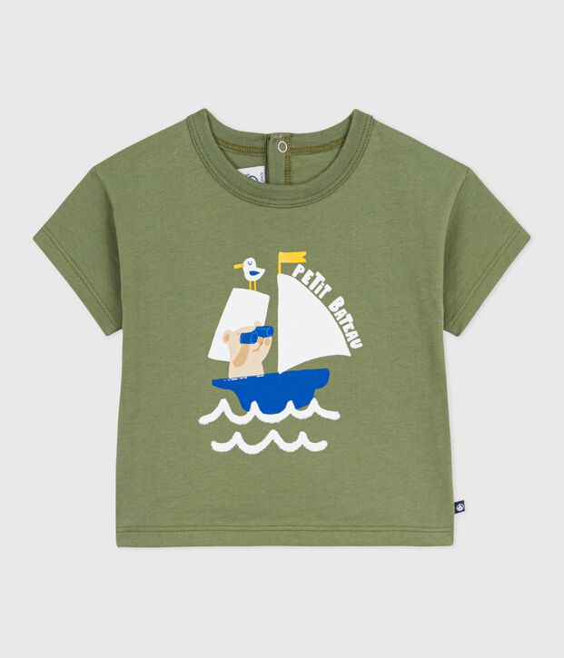 Babies' short-sleeved cotton T-shirt with a seagull motif OLIVINE