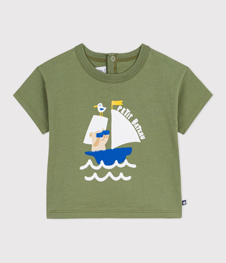 Babies' short-sleeved cotton T-shirt with a seagull motif OLIVINE green