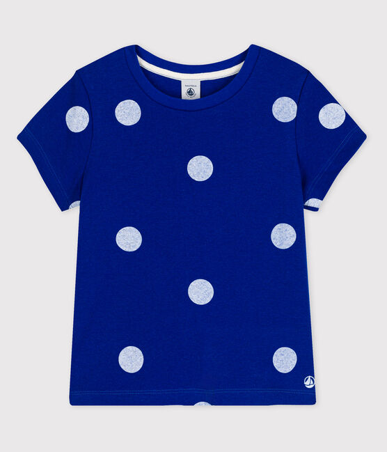 Girls' Short-Sleeved Cotton and Linen Blend T-Shirt SURF blue/MARSHMALLOW white