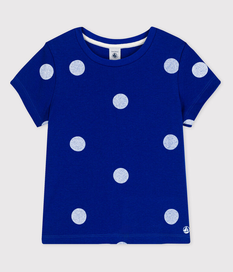 Girls' Short-Sleeved Cotton and Linen Blend T-Shirt blue/white