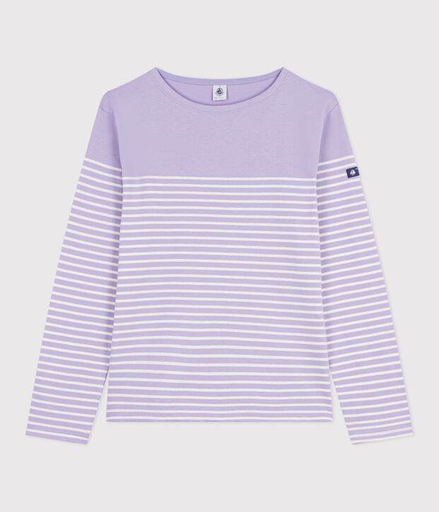 Women's cotton Breton T-shirt top purple/ecru