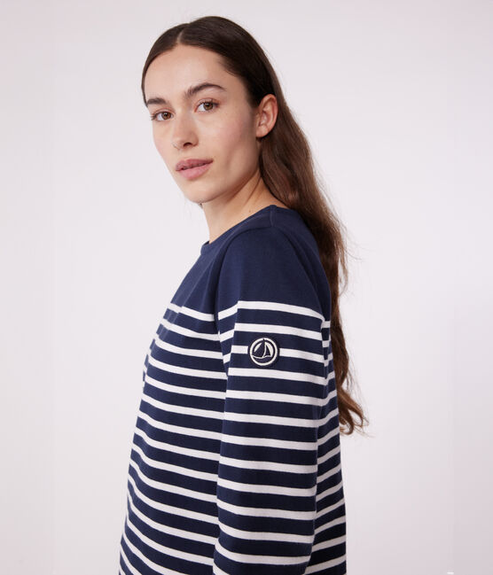 Women's long-sleeved cotton Breton top SMOKING blue/MARSHMALLOW white