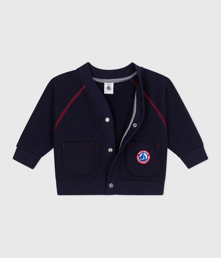 Babies' cardigan in plain cotton with contrasting stitching blue