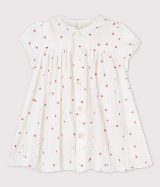 Babies' Organic Cotton Gauze Short-Sleeved Dress MARSHMALLOW white/OMBRIE red